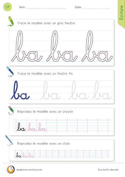 exercice-fiche- graphisme-écriture-cp-ce1-écrire-la-combinaison-des-lettres-ba-minuscule-cursive