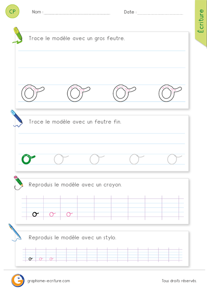 Écrire la lettre o en cursive - Rond, bras et œillet | Feuille d'écriture