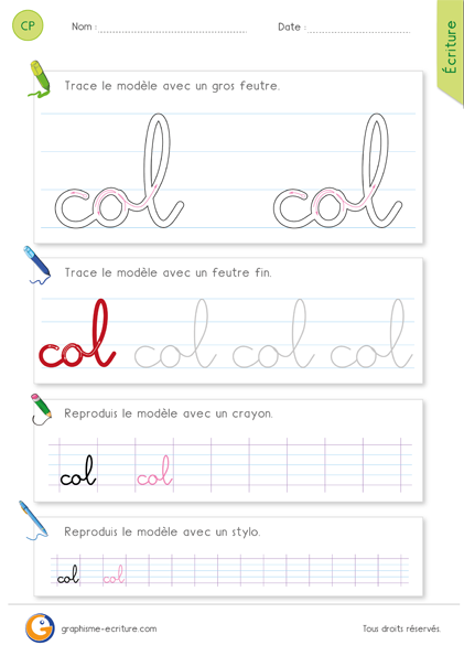 exercice-fiche- graphisme-écriture-cp-ce1-écrire-le-mot-col-en-minuscule-cursive