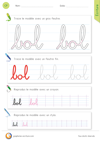 exercice-fiche- graphisme-écriture-cp-ce1-écrire-le-mot-bol-en-minuscule-cursive