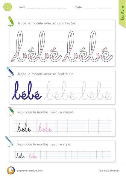 exercice-fiche- graphisme-écriture-cp-ce1-écrire-le-mot-bébé-minuscule-cursive