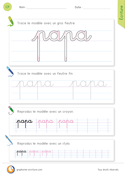 exercice-fiche- graphisme-écriture-cp-ce1-écrire-le-mot-papa-minuscule-cursive