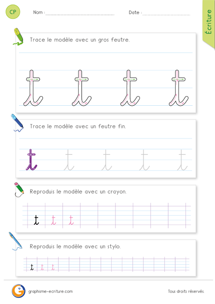 Écrire la lettre t en cursive - Comme un long i avec une barre