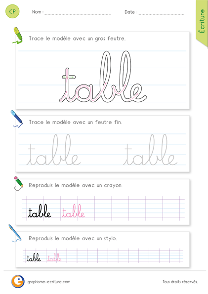 exercice-fiche- graphisme-écriture-cp-ce1-écrire-le-mot-table-minuscule-cursive