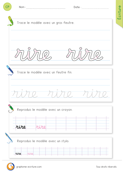 exercice-fiche- graphisme-écriture-cp-ce1-écrire-le-mot-rire-minuscule-cursive