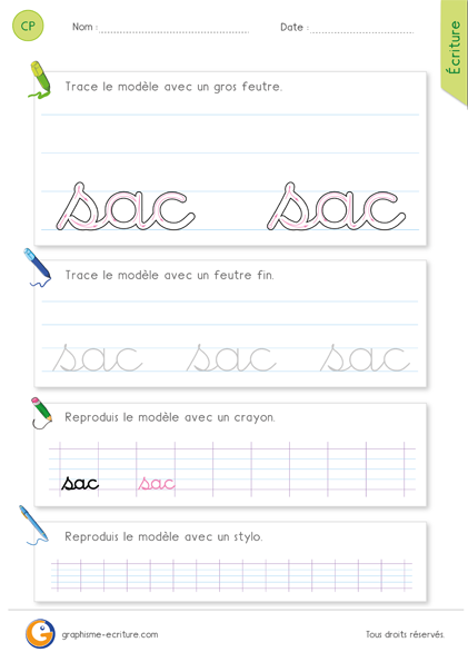 exercice-fiche- graphisme-écriture-cp-ce1-écrire-le-mot-sac-minuscule-cursive