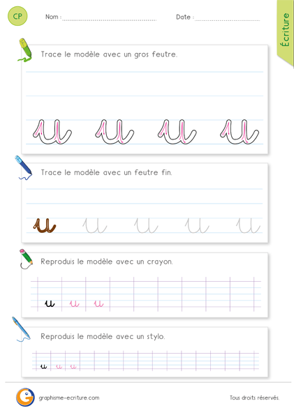 Écrire la lettre u en cursive – Associer deux boucles étrécies