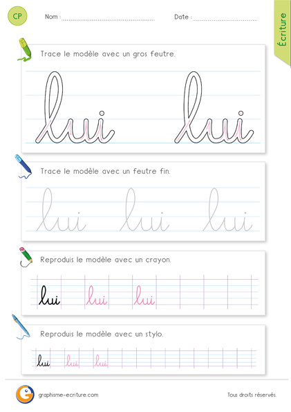 exercice-fiche- graphisme-écriture-cp-ce1-écrire-le-mot-lui-minuscule-cursive