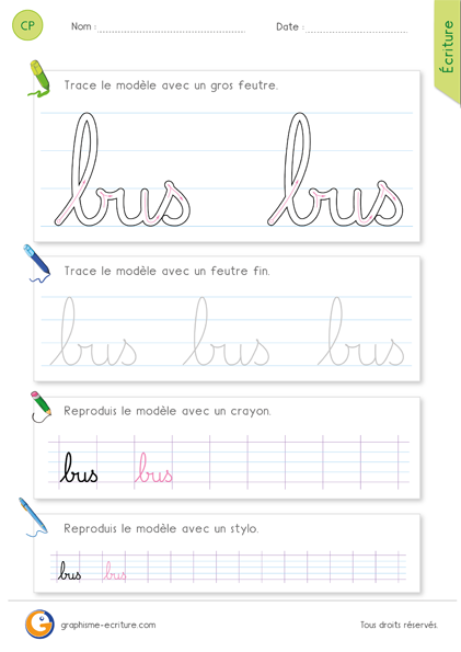 exercice-fiche- graphisme-écriture-cp-ce1-écrire-le-mot-bus-minuscule-cursive