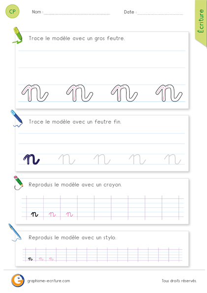 Écrire la lettre n en cursive – Canne et pont combinés