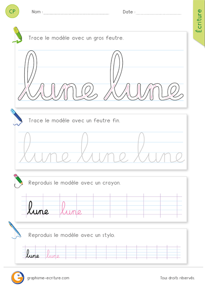 exercice-fiche- graphisme-écriture-cp-ce1-écrire-le-mot-lune-minuscule-cursive