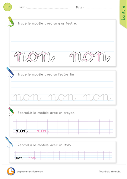 exercice-fiche- graphisme-écriture-cp-ce1-écrire-le-mot-non-minuscule-cursive