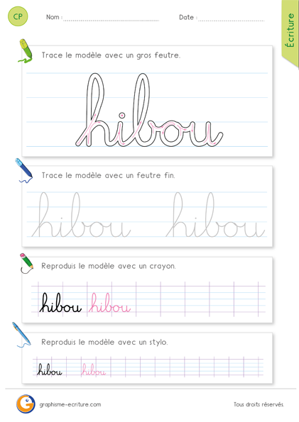 exercice-fiche-graphisme-écriture-cp-ce1-écrire-le-mot-hibou-minuscule-cursive