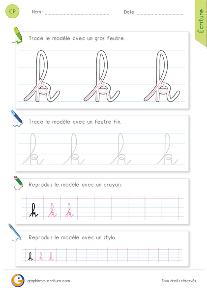 Écrire la lettre k minuscule en cursive - Fiche d'écriture CP CE1