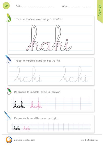 exercice-fiche-graphisme-écriture-cp-ce1-écrire-le-mot-kaki-minuscule-cursive