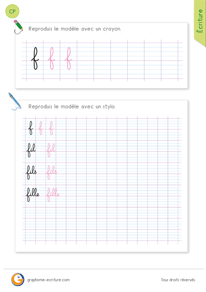 Écrire la lettre f et les mots fil fils fille en minuscules cursives