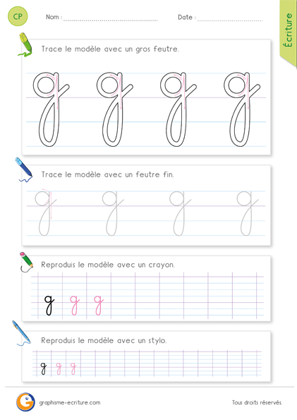 Écrire la lettre g minuscule en cursive - Commence comme a et fini comme j