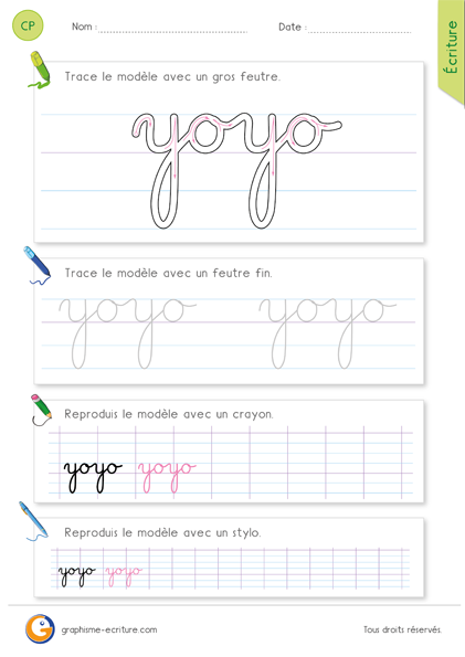 exercice-fiche-graphisme-écriture-cp-ce1-écrire-le-mot-yoyo-minuscule-cursive