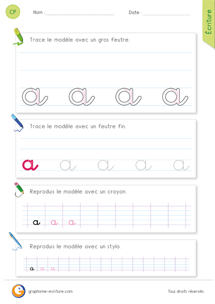 Écrire la lettre a minuscule en cursive CP CE1