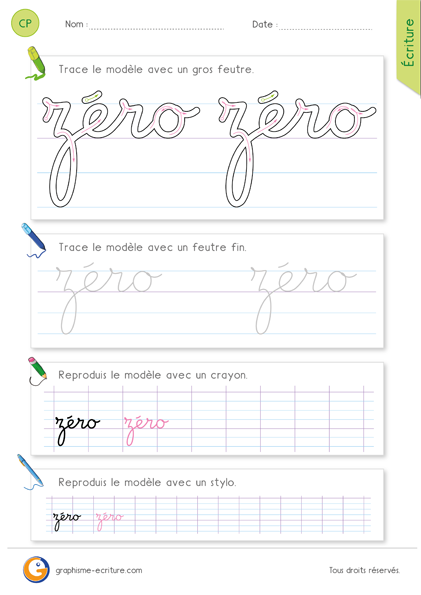 exercice-fiche-graphisme-écriture-cp-ce1-écrire-le-mot-zero-minuscule-cursive