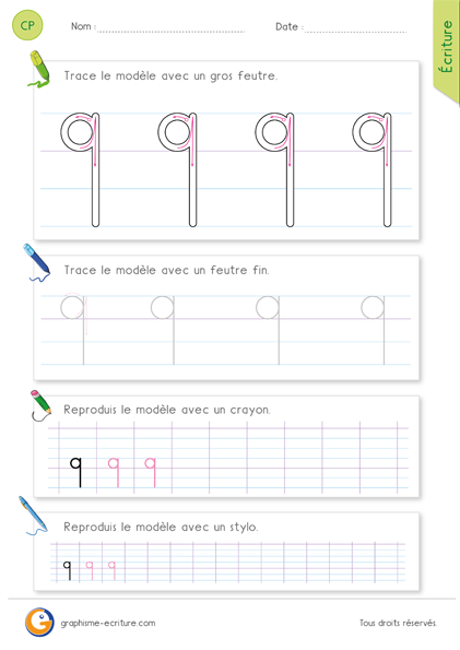 Écrire la lettre q minuscule en cursive - Écriture CP CE1 à imprimer