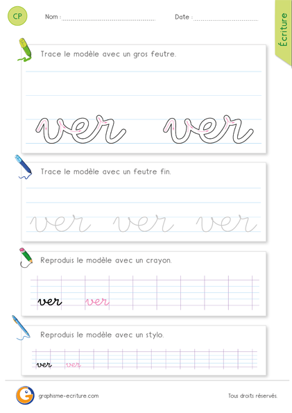 exercice-fiche-graphisme-écriture-cp-ce1-écrire-le-mot-ver-minuscule-cursive