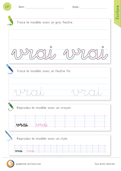 exercice-fiche-graphisme-écriture-cp-ce1-écrire-le-mot-vrai-minuscule-cursive