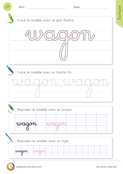 exercice-fiche-graphisme-écriture-cp-ce1-écrire-le-mot-wagon-minuscule-cursive