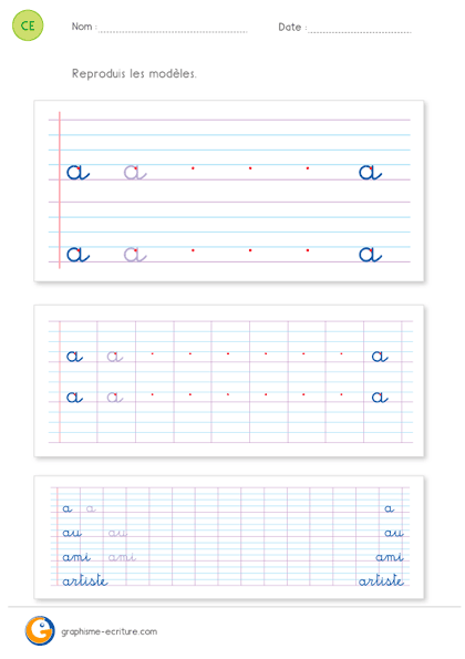 feuille d'écriture CE1 CE2 - ecrire la lettre a minuscule cursive