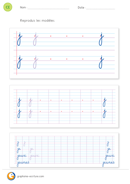 fiche d'écriture CE1 CE2 - écrire la lettre j minuscule cursive