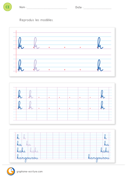 fiche d'écriture CE1 CE2 - écrire la lettre k minuscule cursive