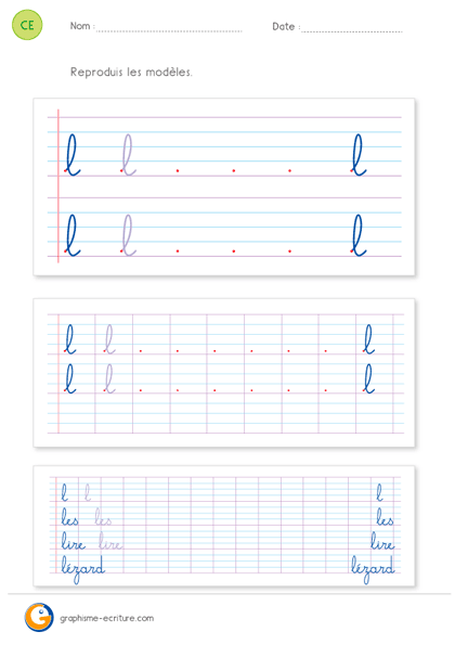 fiche d'écriture CE1 CE2 - écrire la lettre l minuscule cursive