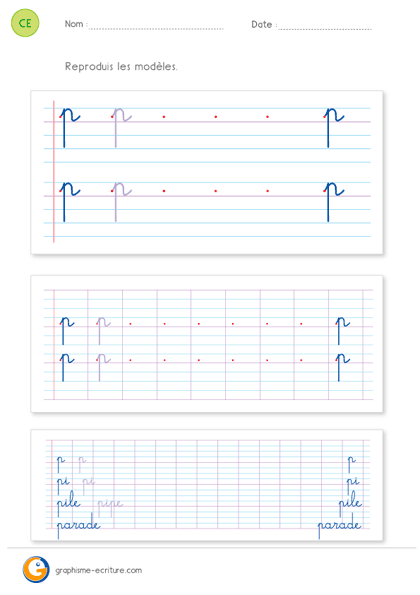 fiche d'écriture CE1 CE2 - écrire la lettre p minuscule cursive