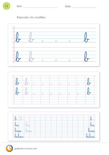 feuille d'écriture CE1 CE2 - ecrire la lettre b minuscule cursive