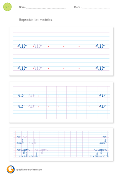 fiche d'écriture CE1 CE2 - écrire la lettre w minuscule cursive