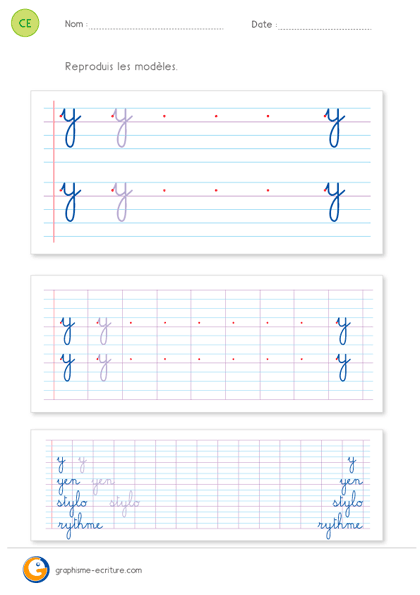 fiche d'écriture CE1 CE2 - écrire la lettre y minuscule cursive