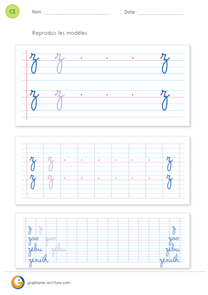 fiche d'écriture CE1 CE2 - écrire la lettre z minuscule cursive