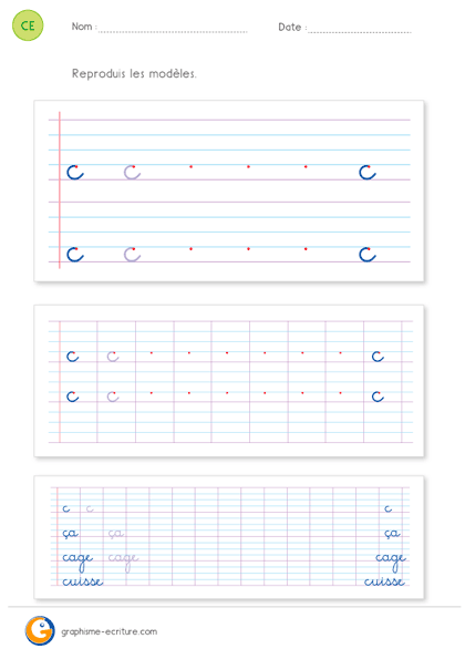 fiche d'écriture CE1 CE2 - écrire la lettre c minuscule cursive