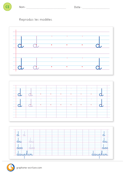 ffiche d'écriture CE1 CE2 - écrire la lettre d minuscule cursive