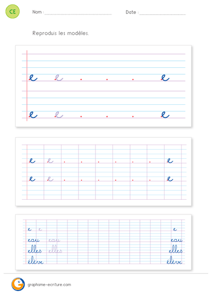 fiche d'écriture CE1 CE2 - écrire la lettre e minuscule cursive