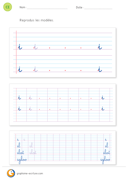 fiche d'écriture CE1 CE2 - écrire la lettre i minuscule cursive